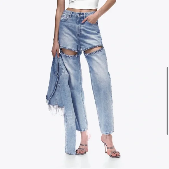 AREA Crystal Slit Jeans 25 NWT Blue Straight Leg Jeans - Picture 1 of 4